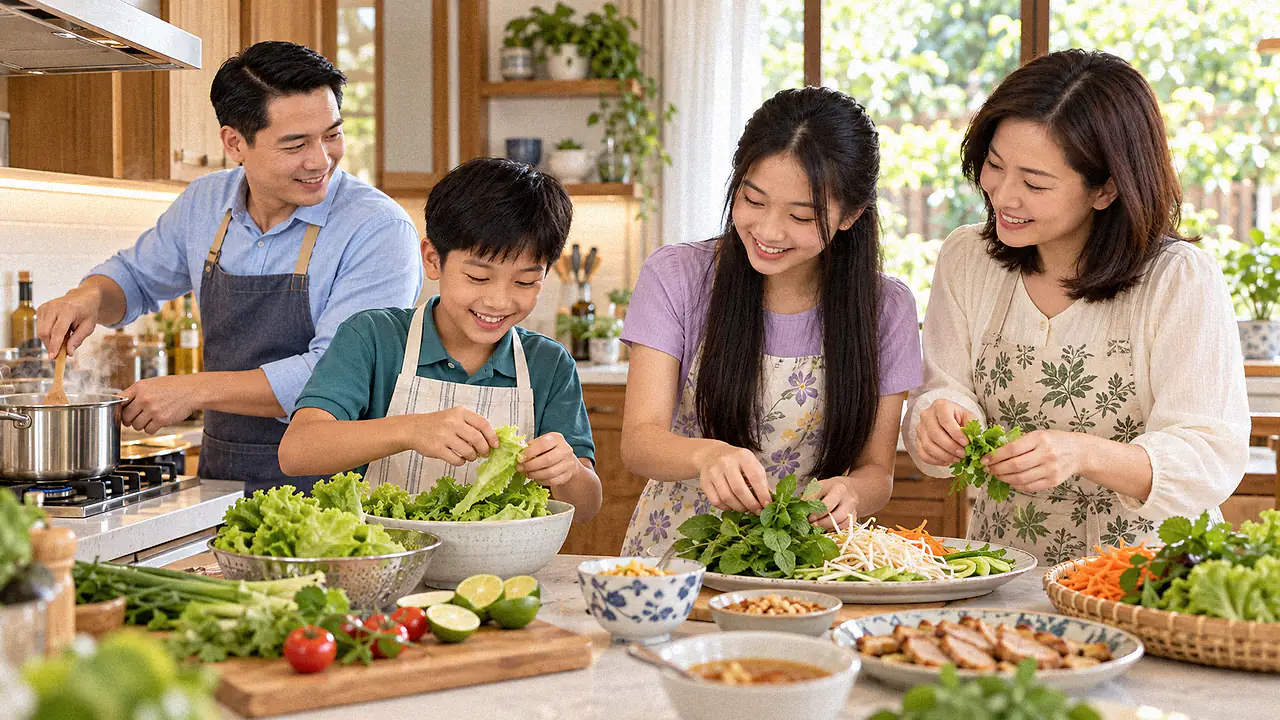 Bố, mẹ và hai con đeo tạp dề cùng nhặt rau, chuẩn bị bữa cơm trong bếp nhà nhiều ánh sáng