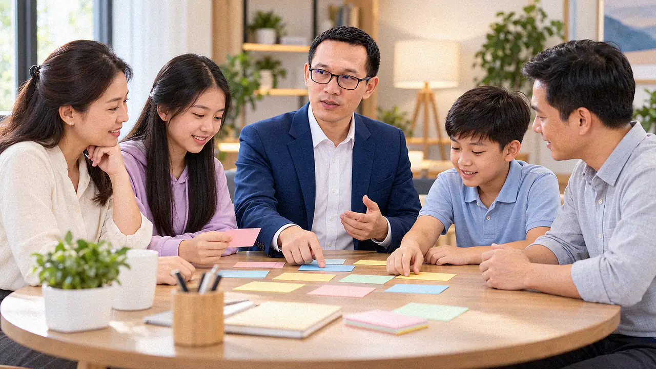 Một huấn luyện viên ngồi cùng bàn tròn với bố mẹ và hai con, mọi người cùng xếp những tấm giấy màu ghi mục tiêu